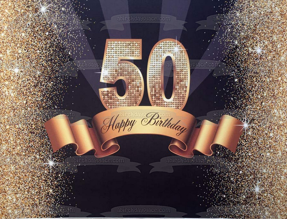 Happy 50th Birthday Gold Sparkles and Banner Edible Cake Topper