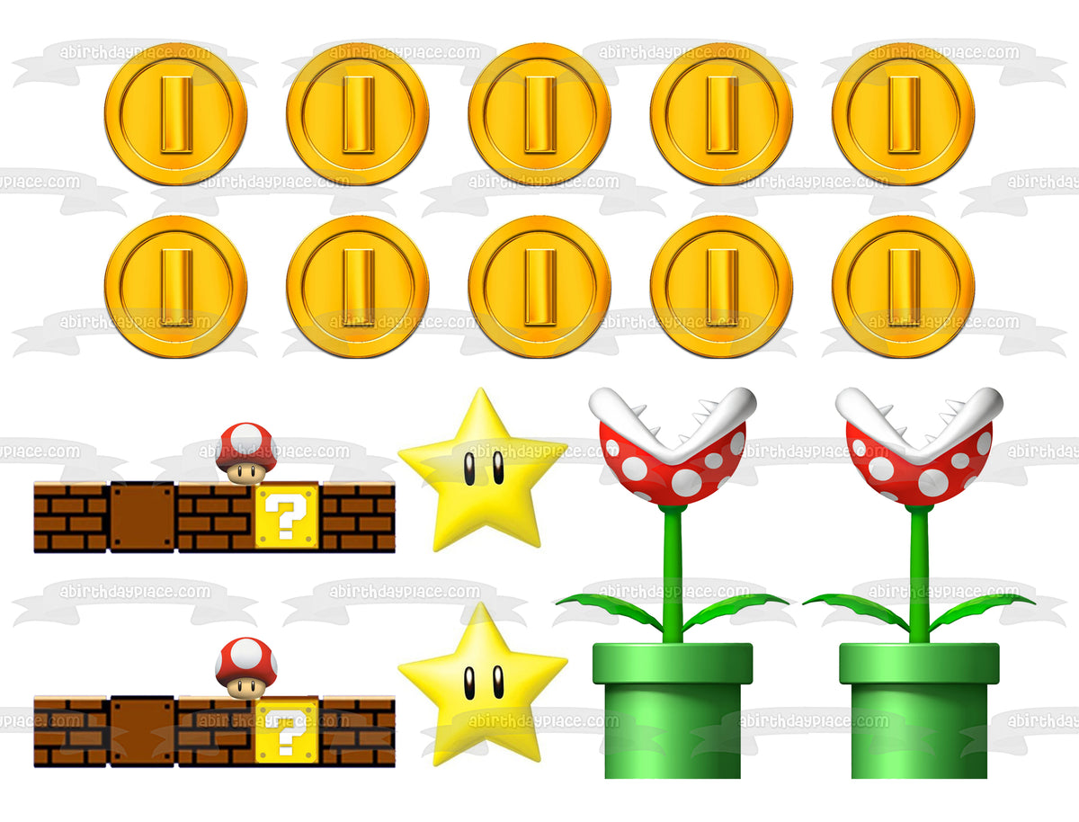 Super Mario Brothers Brick Walls Coins Plants Stars Edible Cake Topper