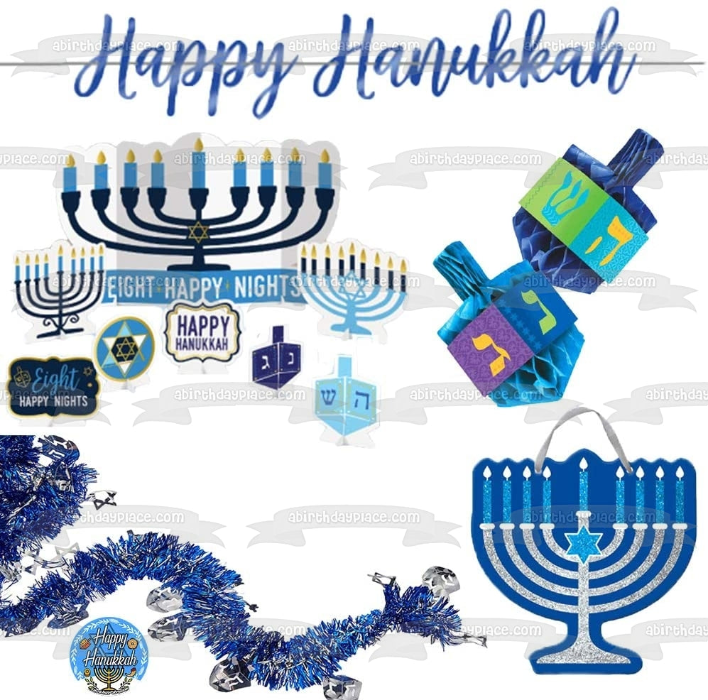 Hanukkah White Dreidel Blue Letters Nes Gadol Haya Sham Edible Cake Topper  Image ABPID04847