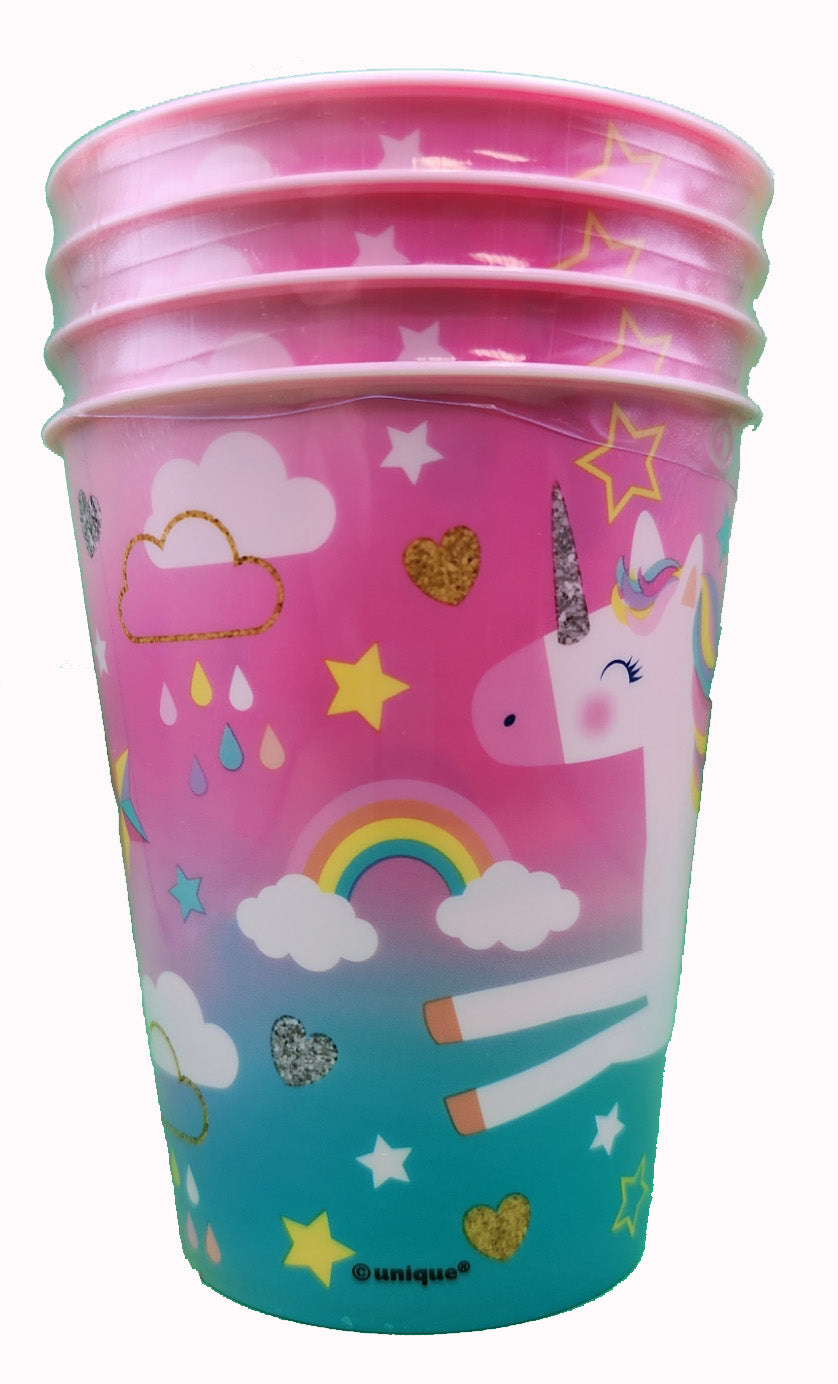 Vasos estadio de plástico Unicornio de 10 oz, 4 unidades