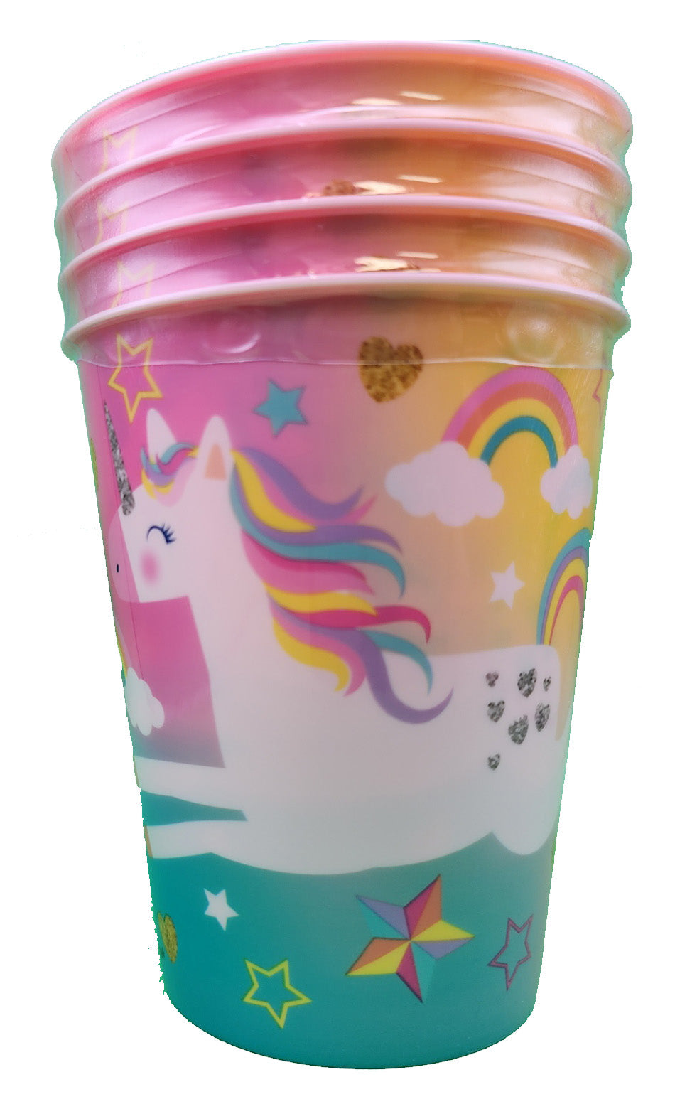 Vasos estadio de plástico Unicornio de 10 oz, 4 unidades