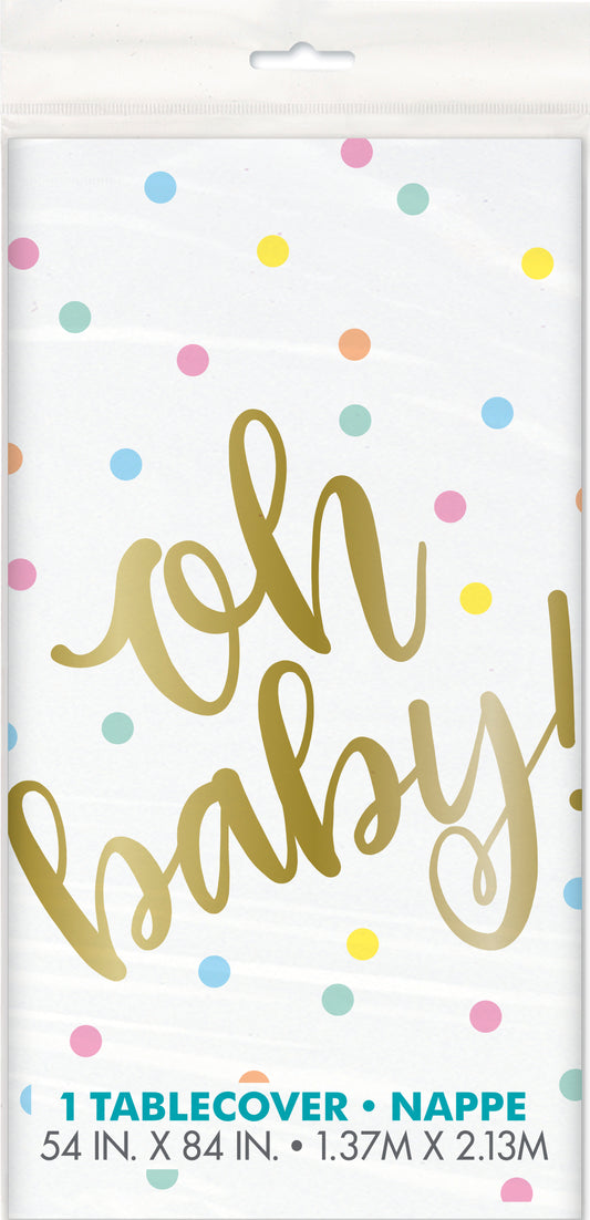 "¡Oh bebe!" Mantel rectangular de plástico dorado para baby shower, 54 x 84 pulgadas, 1 unidad