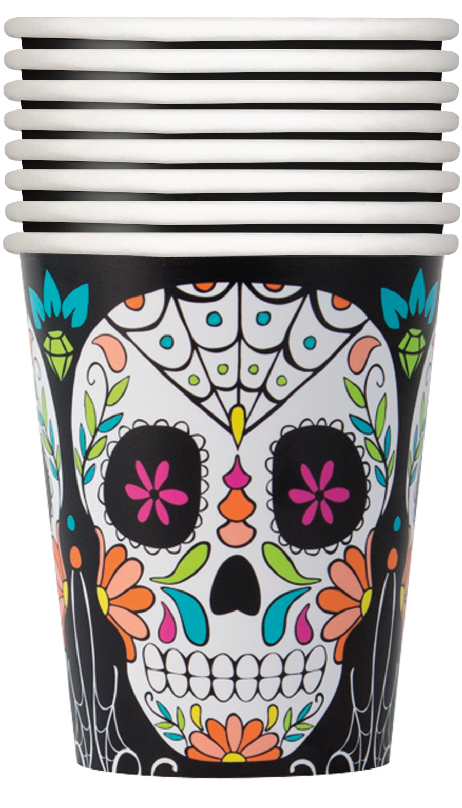 Vasos de papel Calavera Día de los Muertos de 9 oz, 8 unidades