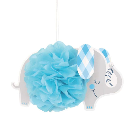 Blue Floral Elephant 9" Hanging Tissue Pom Pom Decorations, 3ct