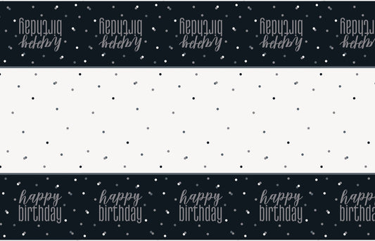 Glitz Black & Silver "Happy Birthday" Plastic Table Cover, 54" x 84", 1ct