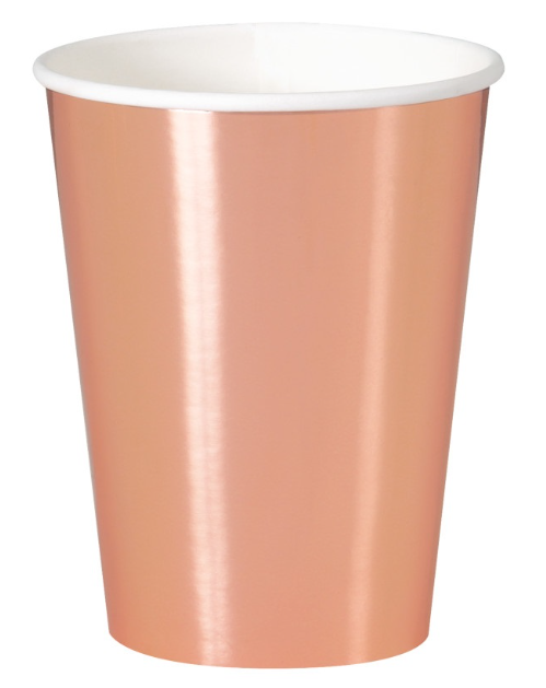 Vasos de papel de aluminio dorado rosa de 12 oz, 8 unidades