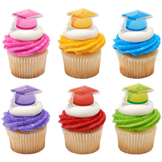 Anillos para cupcakes con sombreros de graduación brillantes 