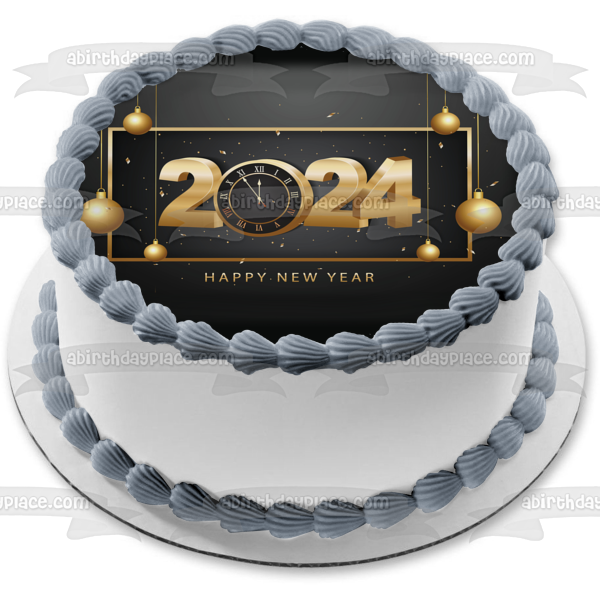 Feliz año nuevo 2024 Adornos navideños dorados Adorno comestible para pastel Imagen ABPID57742