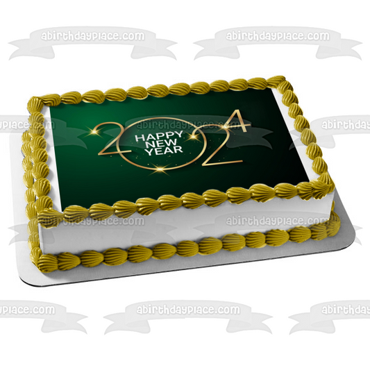 Adorno comestible para tarta feliz año nuevo 2024, dorado y verde brillante, imagen ABPID57760