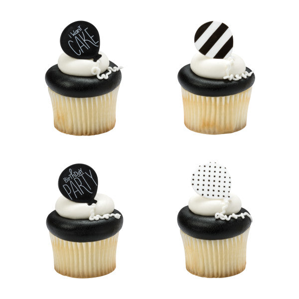 Anillos para cupcakes de cumpleaños en blanco y negro 