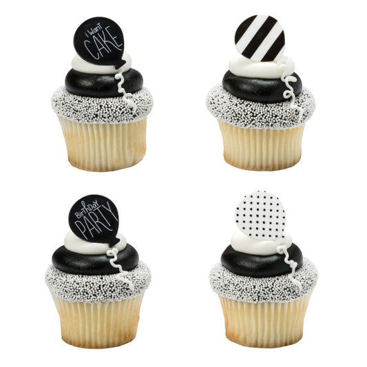 Anillos para cupcakes de cumpleaños en blanco y negro 