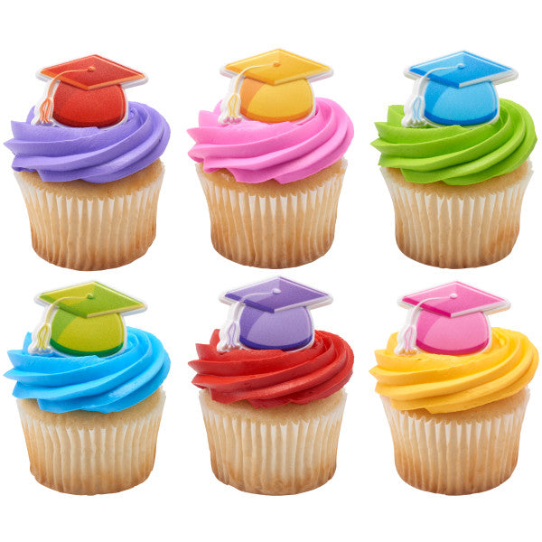 Anillos para cupcakes con sombreros de graduación brillantes 