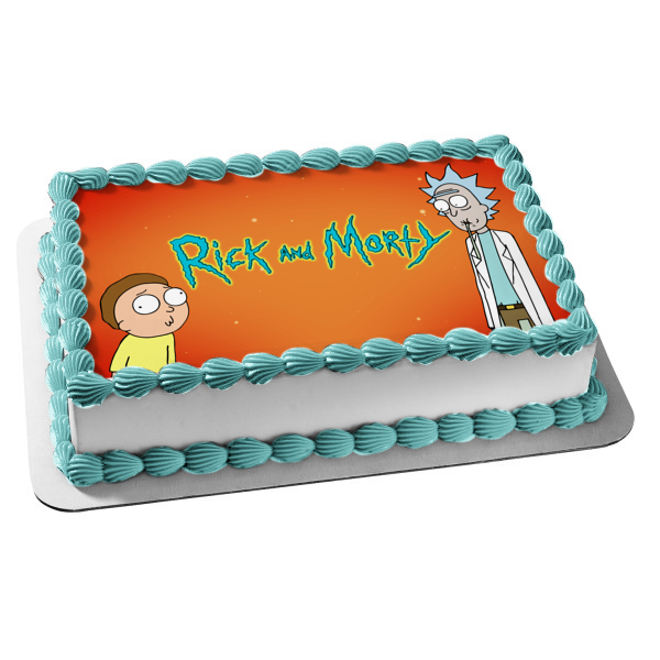 Rick and Morty Rick Sanchez Morty Smith Orange Background Edible Cake Topper Image ABPID27082