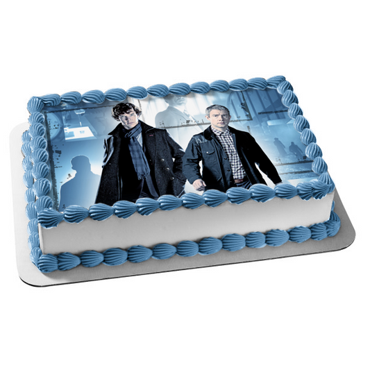 Sherlock Sherlock Holmes John Watson Grey Character Silhouettes Background Edible Cake Topper Image ABPID27126