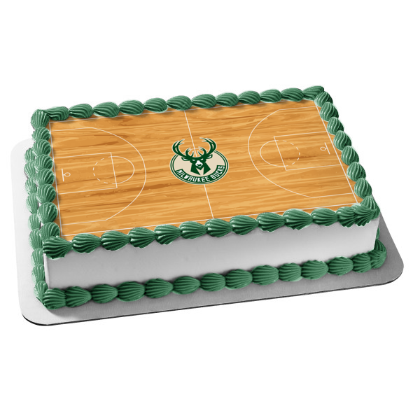 Logotipo de los Milwaukee Bucks, fondo de cancha de baloncesto de la NBA, decoración comestible para tarta, imagen ABPID27327 