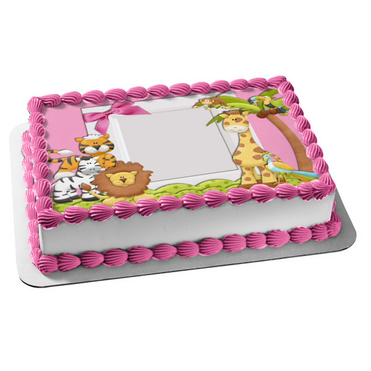 Baby Shower Baby Jungle Animals Zebra Tiger Lion Giraffe Monkey Parrot Edible Cake Topper Image Frame ABPID27382