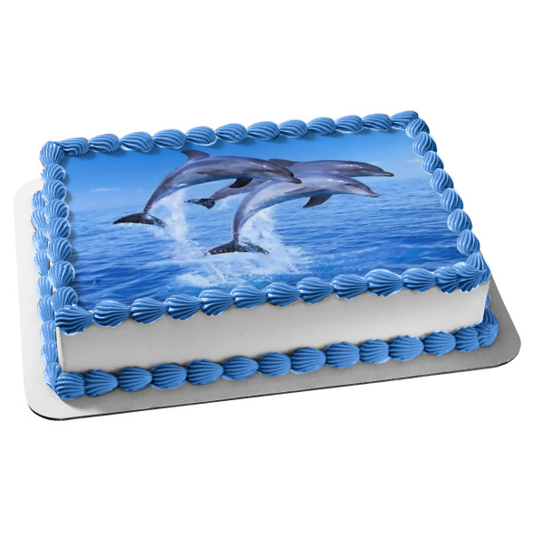 Decoración comestible para tarta con delfines saltando en el océano, imagen ABPID27405 