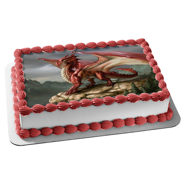 Imagen de adorno comestible para tarta de Dungeons and Dragons, dragón rojo de pie sobre un acantilado, ABPID04481 