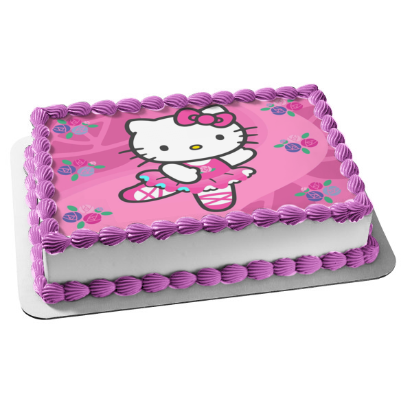 Hello Kitty White Ballerina Outfit Flowers Pink Background Edible Cake Topper Image ABPID27834