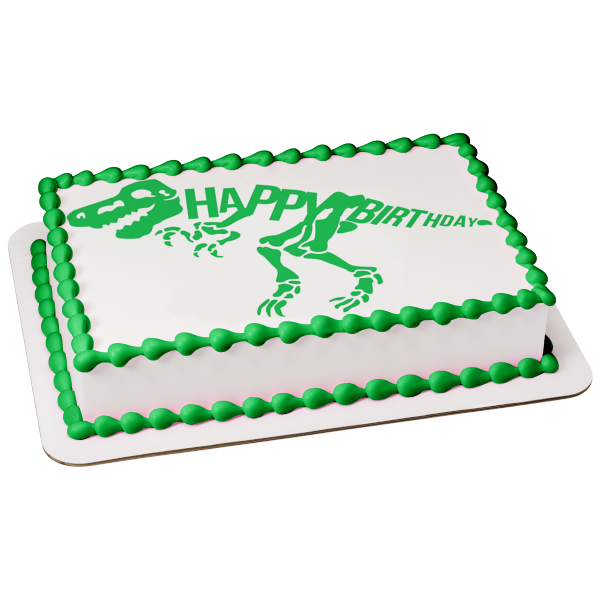 Green Dinosaur Skeleton Happy Birthday Edible Cake Topper Image ABPID50282