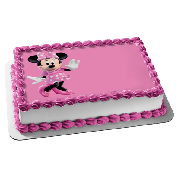 Adorno comestible para tarta con lazo rosa y fondo rosa de Minnie Mouse, imagen ABPID06583 