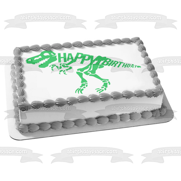 Imagen comestible para tarta de feliz cumpleaños con esqueleto de dinosaurio verde ABPID50282 