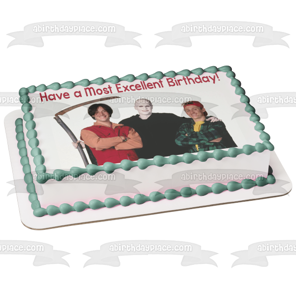 El falso viaje de Bill y Ted Bill Preston Theodore Logan William S. Preston Muerte Que tengas un cumpleaños excelente Feliz cumpleaños Adorno comestible para tarta Imagen ABPID51046 