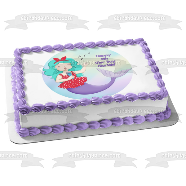 Sirena cantando feliz 5º cumpleaños del día de Mer, nombre personalizado, decoración comestible para tarta, imagen ABPID51077 