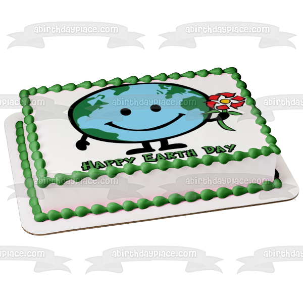 Happy Globe Day Earth Smiling Recycle Sign Flower Edible Cake Topper Image ABPID51219