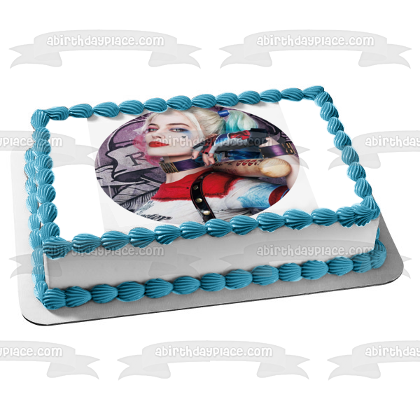 Adorno comestible para tarta con graffiti de Harley Quinn y su bate de béisbol, imagen ABPID06891 