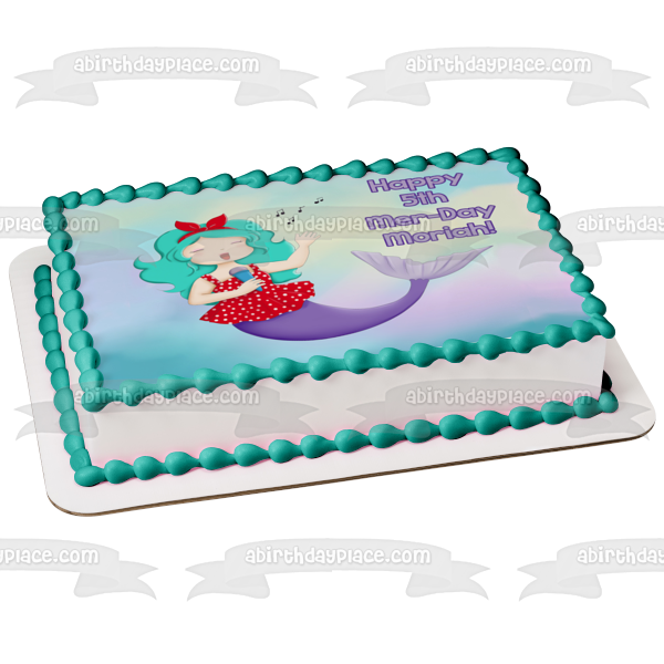 Imagen de decoración comestible para tarta con nombre personalizado del 5º Día de la Sirena cantando feliz ABPID51078