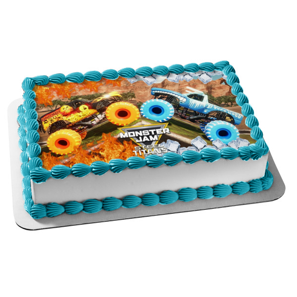 Monster Jam Steel Titans Fire and Ice Edible Cake Topper Image ABPID51906