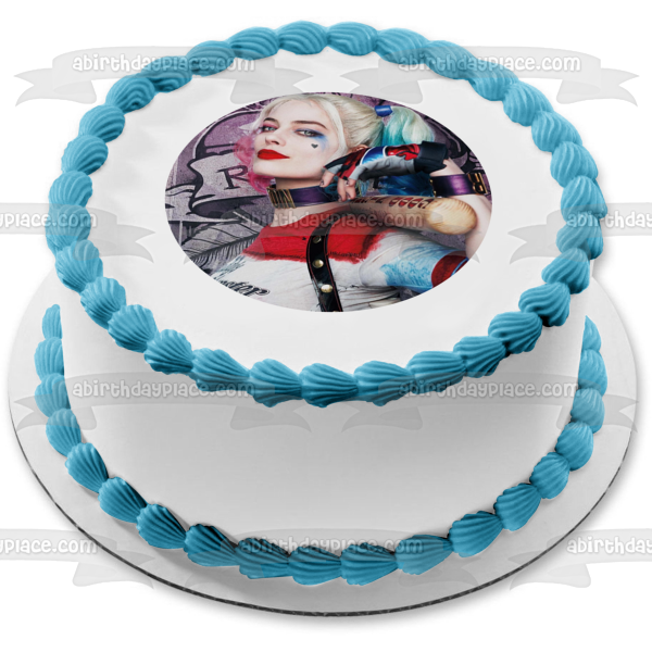 Adorno comestible para tarta con graffiti de Harley Quinn y su bate de béisbol, imagen ABPID06891 