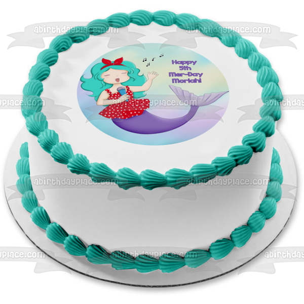 Sirena cantando feliz 5º cumpleaños del día de Mer, nombre personalizado, decoración comestible para tarta, imagen ABPID51077 