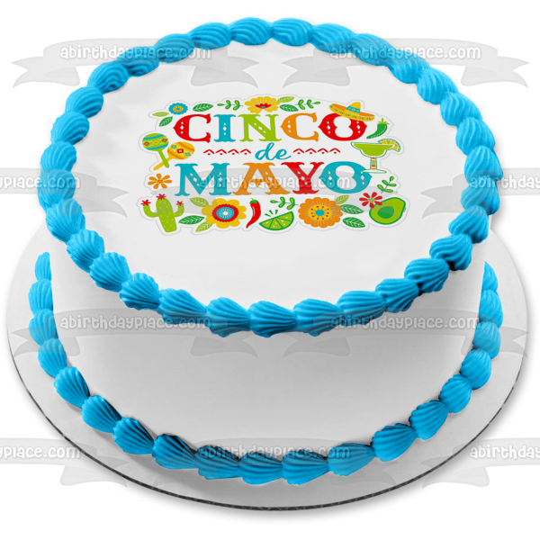 Imagen comestible para decoración de tarta con diseño de cactus y maracas del Cinco de Mayo ABPID51364 