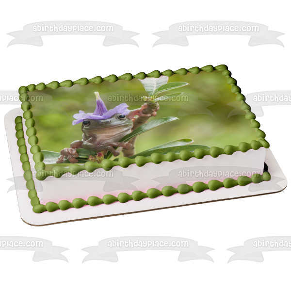 Frog Wearing a Flower Hat Edible Cake Topper Image ABPID52042