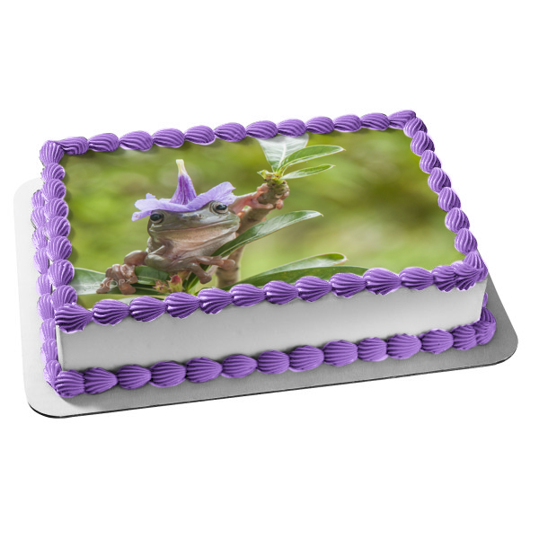 Frog Wearing a Flower Hat Edible Cake Topper Image ABPID52042