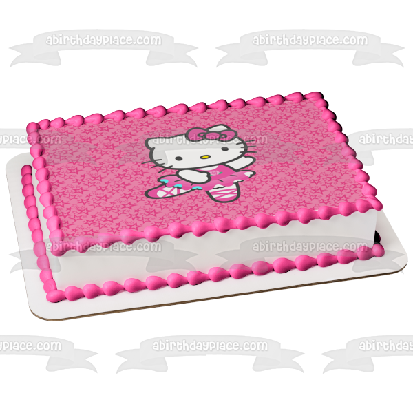 Hello Kitty Ballerina Dancing on Pink Starry Background Edible Cake Topper Image ABPID00138