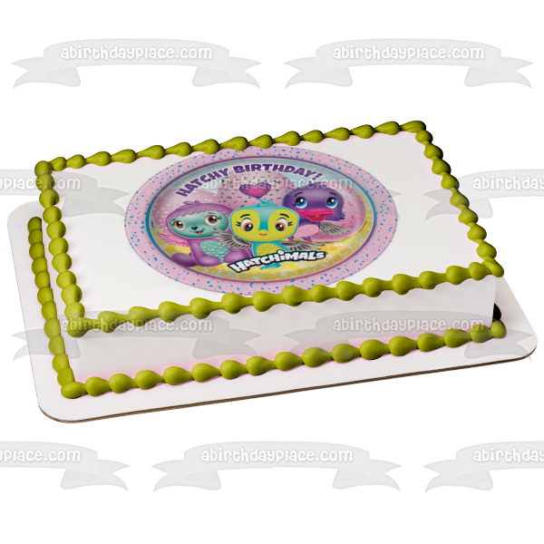 Hatchy Cumpleaños Hatchimals Corazones Fondo Púrpura Imagen Comestible Para Pastel ABPID00201 