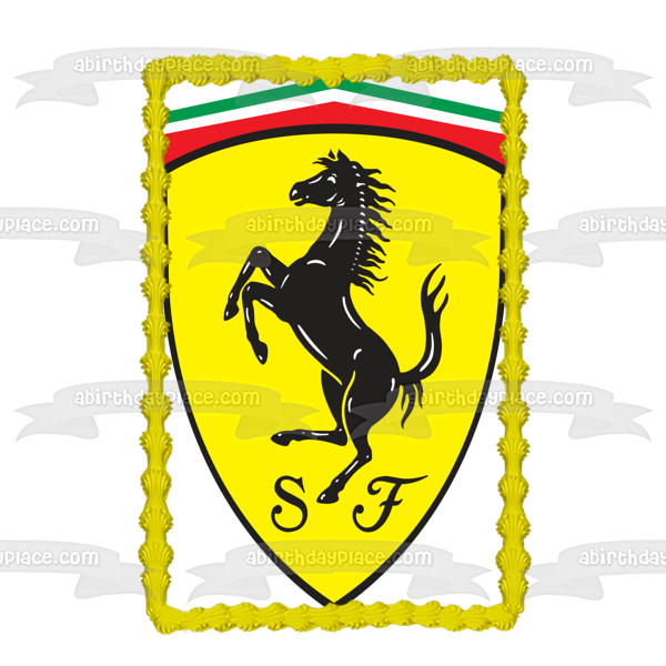 Logotipo de Ferrari, caballo rampante negro, fondo amarillo, decoración comestible para tarta, imagen ABPID00221 