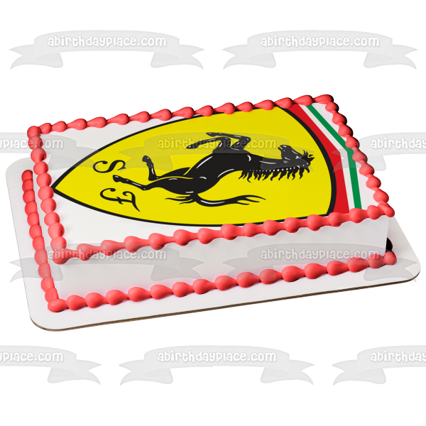 Logotipo de Ferrari, caballo rampante negro, fondo amarillo, decoración comestible para tarta, imagen ABPID00221 