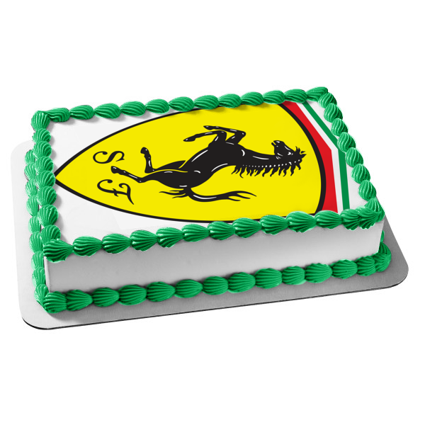 Ferrari Logo Black Prancing Horse Yellow Background Edible Cake Topper Image ABPID00221