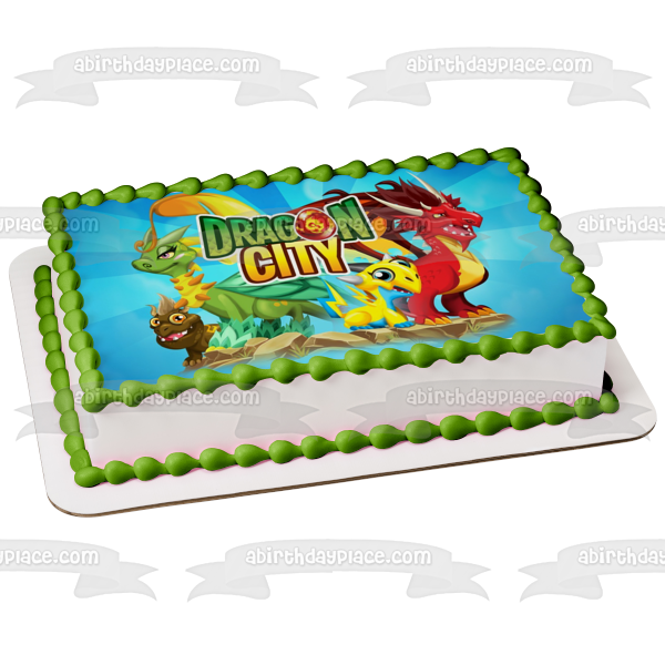 Logotipo de Dragon City, varios dragones, decoración comestible para tarta, imagen ABPID00336 