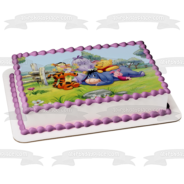 Winnie the Pooh Eeyore Piglet Tigger Heffalump tendido sobre la hierba flores comestible decoración para tarta imagen ABPID00376