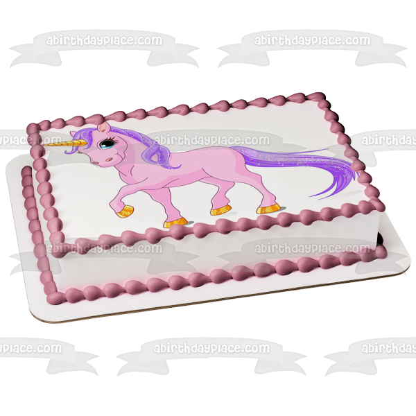 Pink Unicorn Purple Hair Leg Up Edible Cake Topper Image ABPID00416