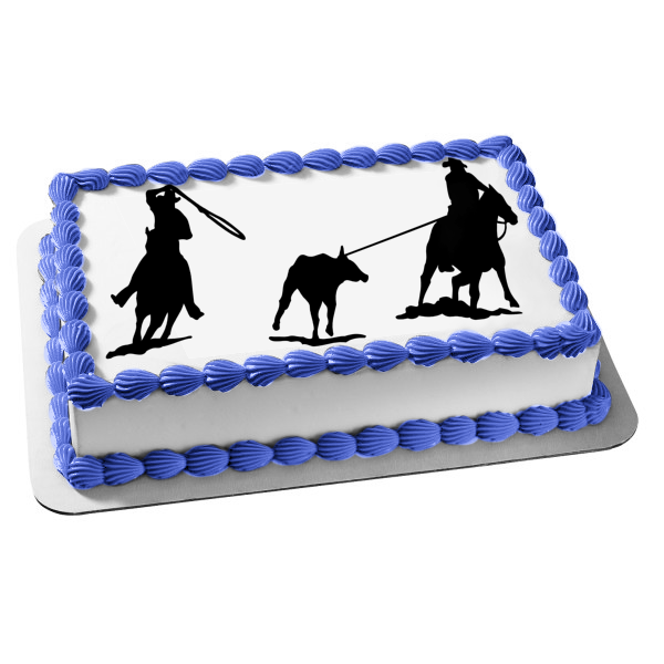 Western Rodeo Team Roping Heading and Heeling Edible Cake Topper Image ABPID00085