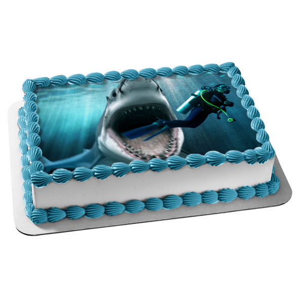 Great White Shark Mouth Open Teeth Attacking SCUBA Diver Edible Cake Topper Image ABPID00170