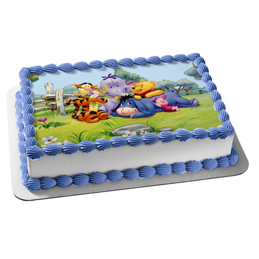 Disney Winnie the Pooh Eeyore Piglet Tigger Heffalump Laying on the Grass Flowers Edible Cake Topper Image ABPID00376