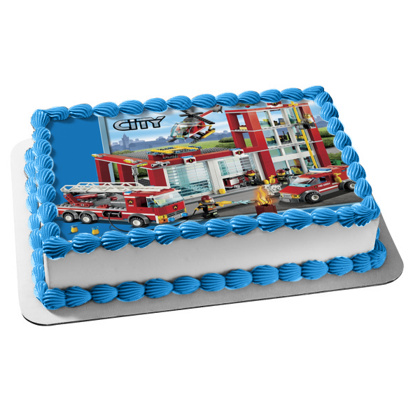 LEGO Firestation City Fire Truck Firefighter Helicopter Edible Cake To ...