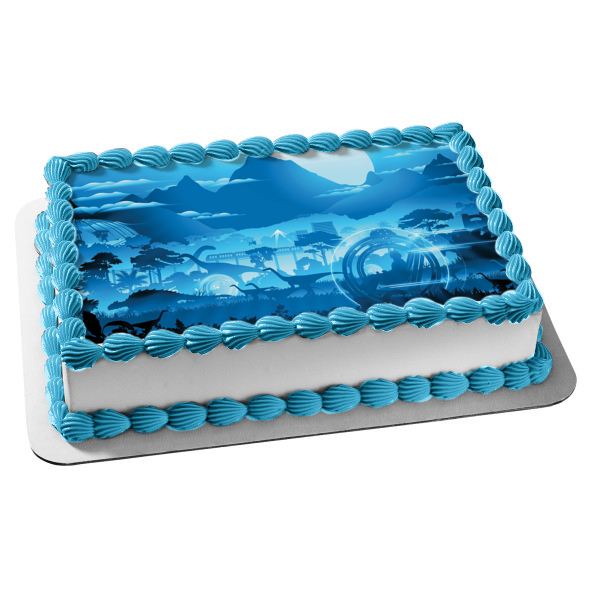 Jurassic Dinosaur Cartoon Scene In Blue Edible Cake Topper Image ABPID00692